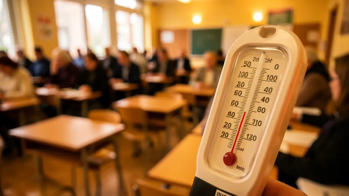 Termómetro mostrando alta temperatura en un aula.