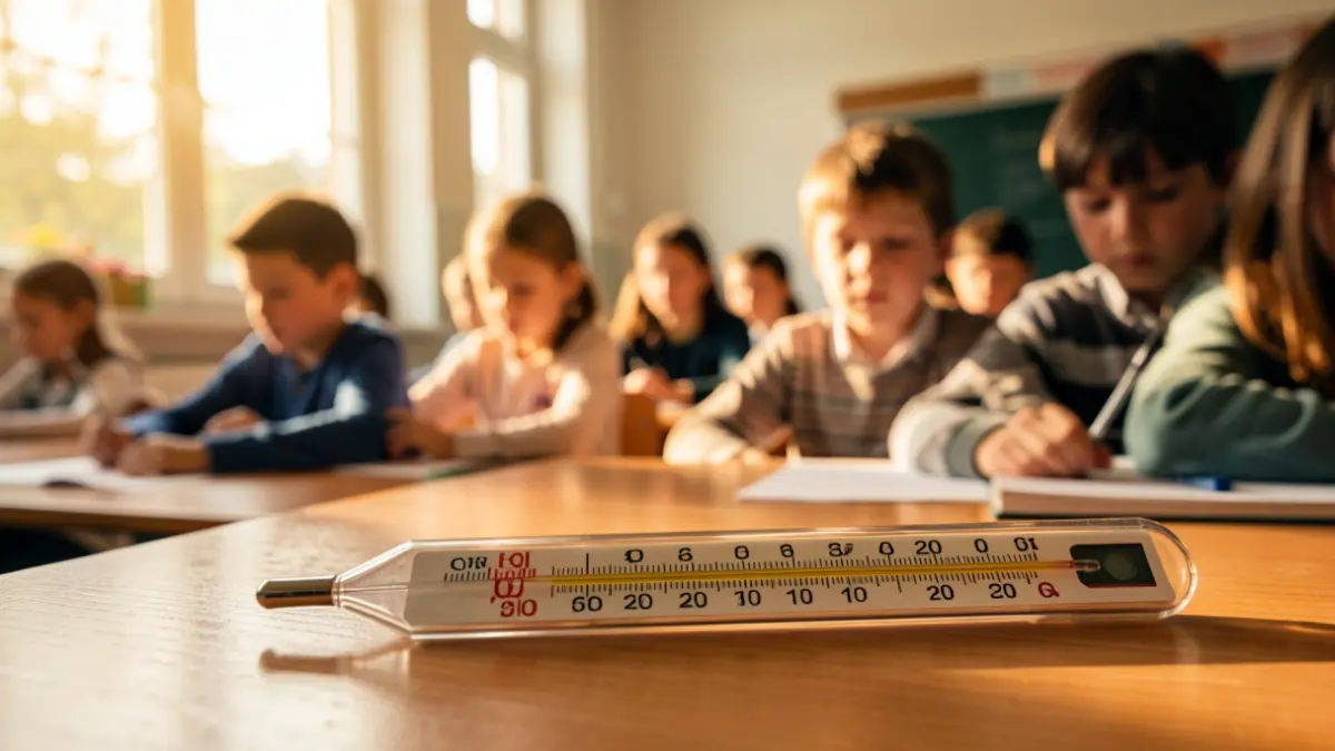 Thermometer showing high temperature in a school classroom.