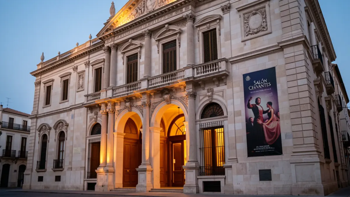 Facade of the Teatro Salón Cervantes in Alcalá de Henares illuminated at dusk.