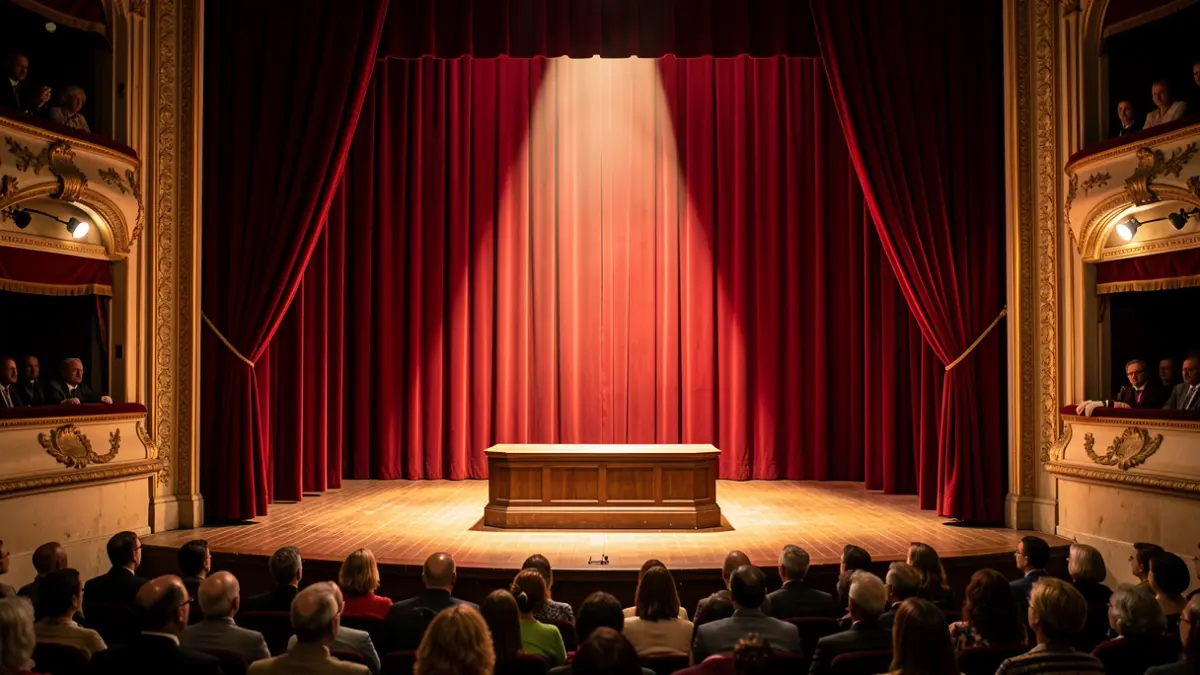 Generic scene of a Spanish theatre with red curtains and an illuminated podium.