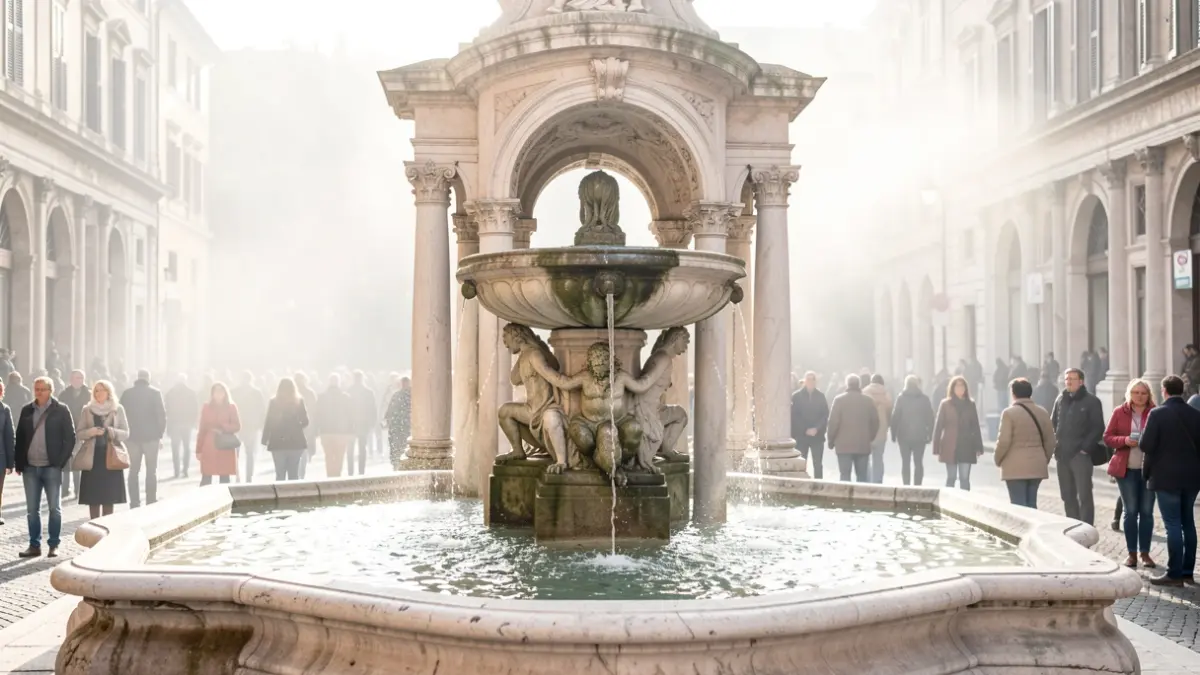 Imagen genérica de la Fuente de Castalia, una fuente mitológica con elementos arquitectónicos clásicos.
