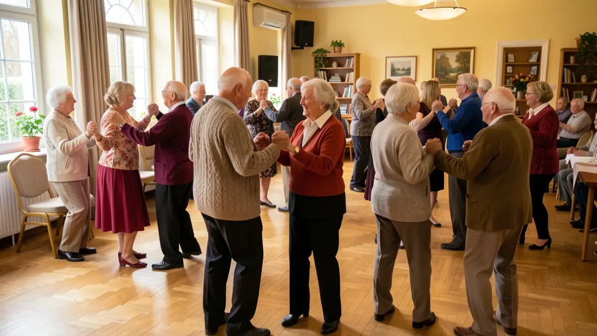Imagen genérica de personas mayores disfrutando de una clase de baile de salón en un centro comunitario.