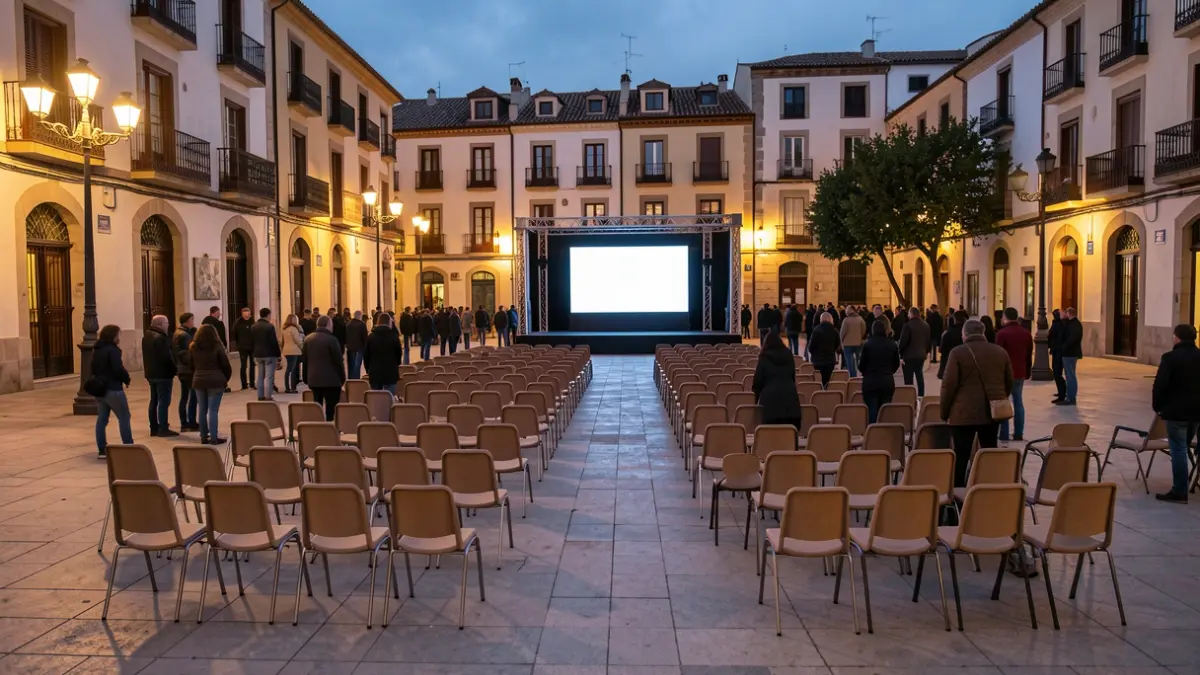 Generic image of a renovated public square at night, with chairs set up for an outdoor screening.