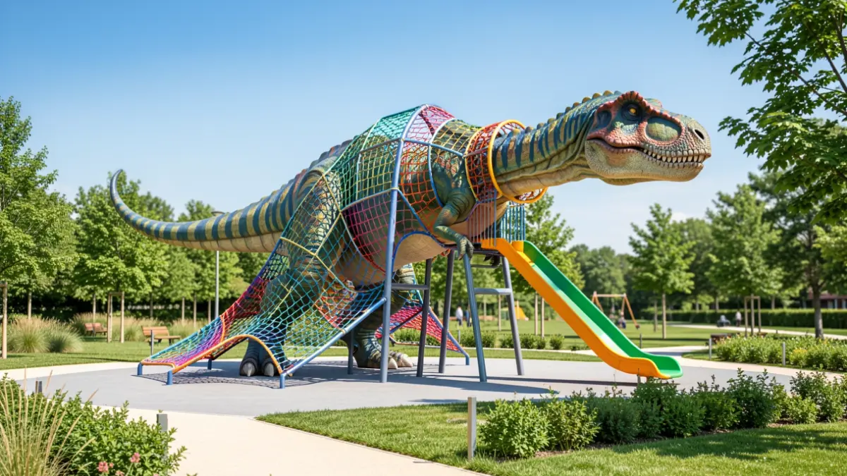 Image of a large dinosaur playground structure in a park.