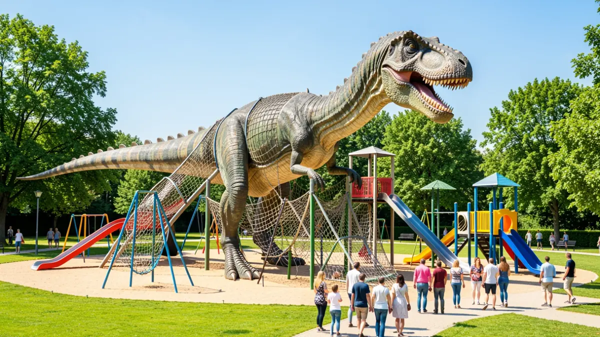 Imagen genérica de un dinosaurio gigante de parque infantil con tobogán y elementos de juego.