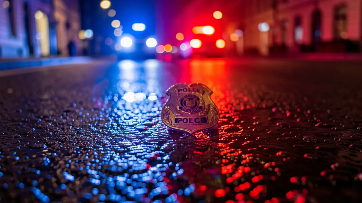 Imagen genérica de luces de emergencia policiales reflejadas en asfalto mojado.