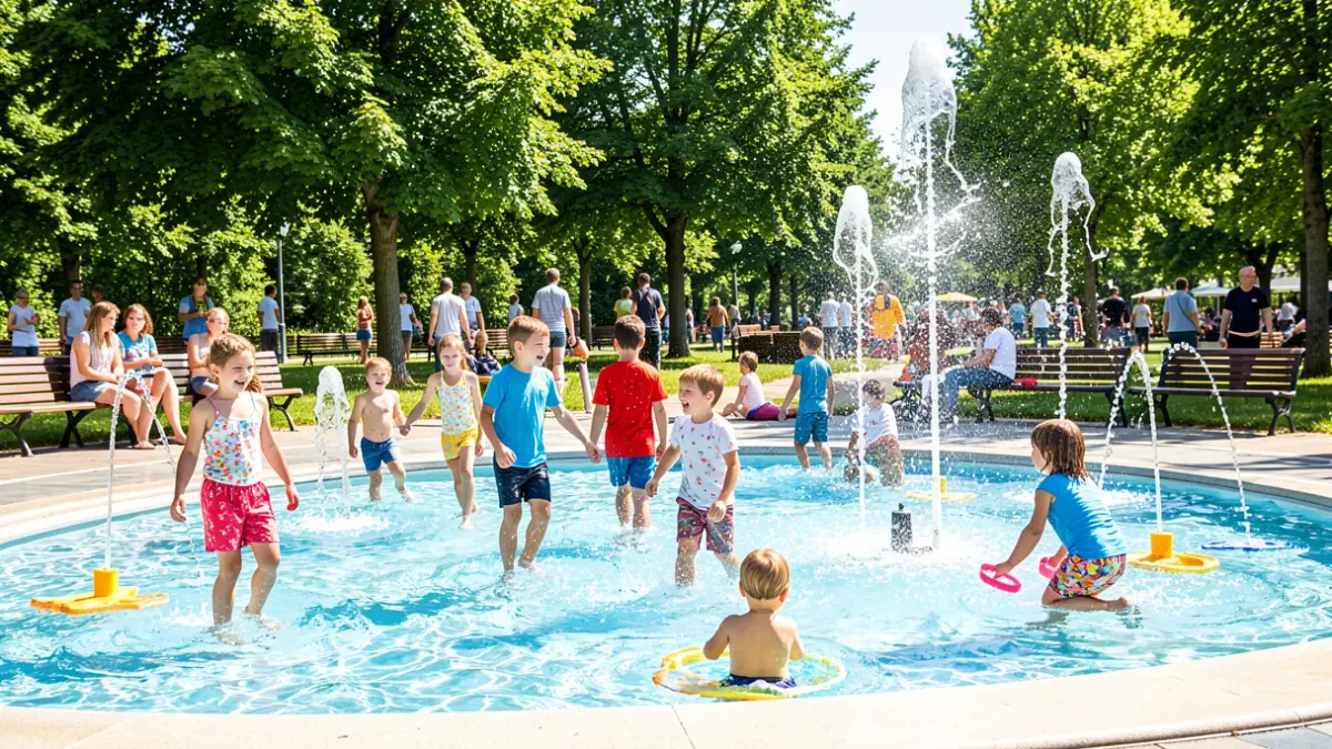 Imagen genérica de niños jugando en un parque acuático público con chorros de agua.