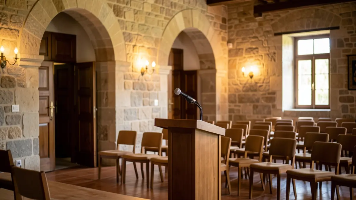 Interior of a cultural center with a podium and empty chairs.