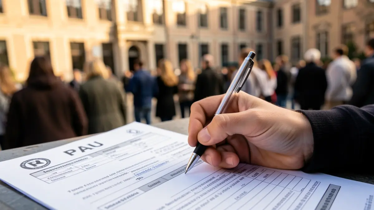 Close-up of a university student's hand holding a pen over a PAU exam paper.