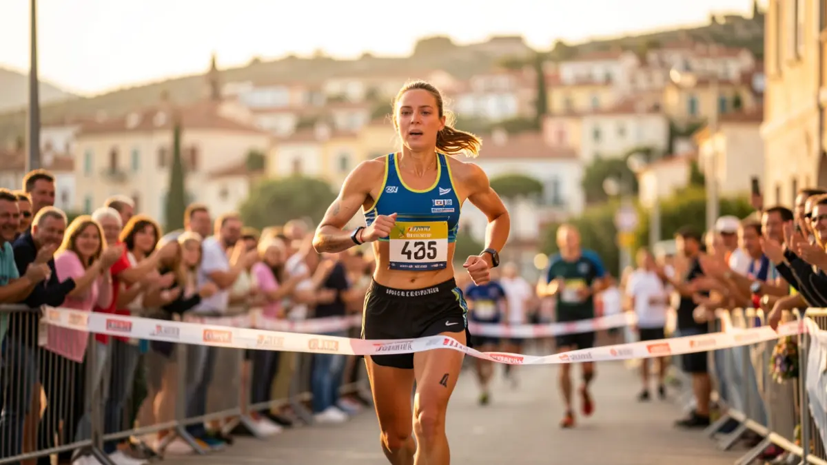 Generic image of a female triathlete crossing the finish line in a Mediterranean city at sunset.