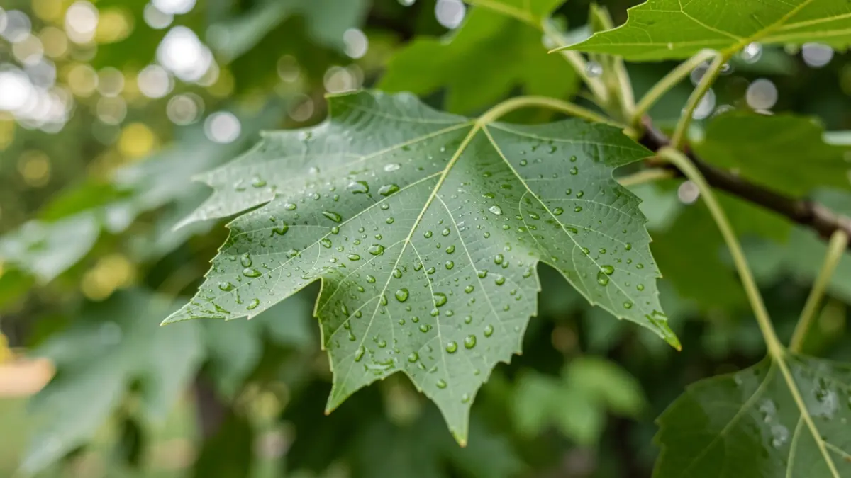 Primer plano de una hoja de árbol de paulonia con gotas de rocío, follaje verde desenfocado al fondo.