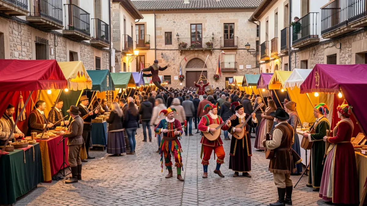 Generic image of a medieval fair in a town square with stalls, musicians, and performers.