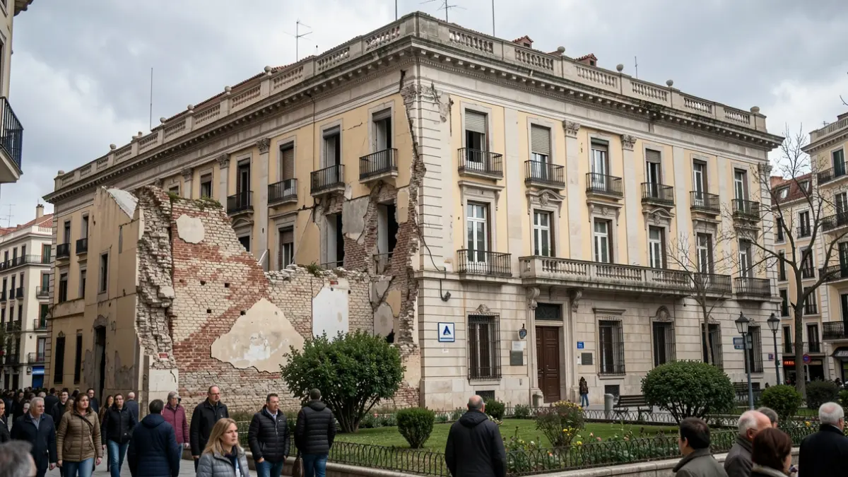 Fachada del edificio Peironcely 10 en Madrid, con daños de guerra y un jardín cercano.