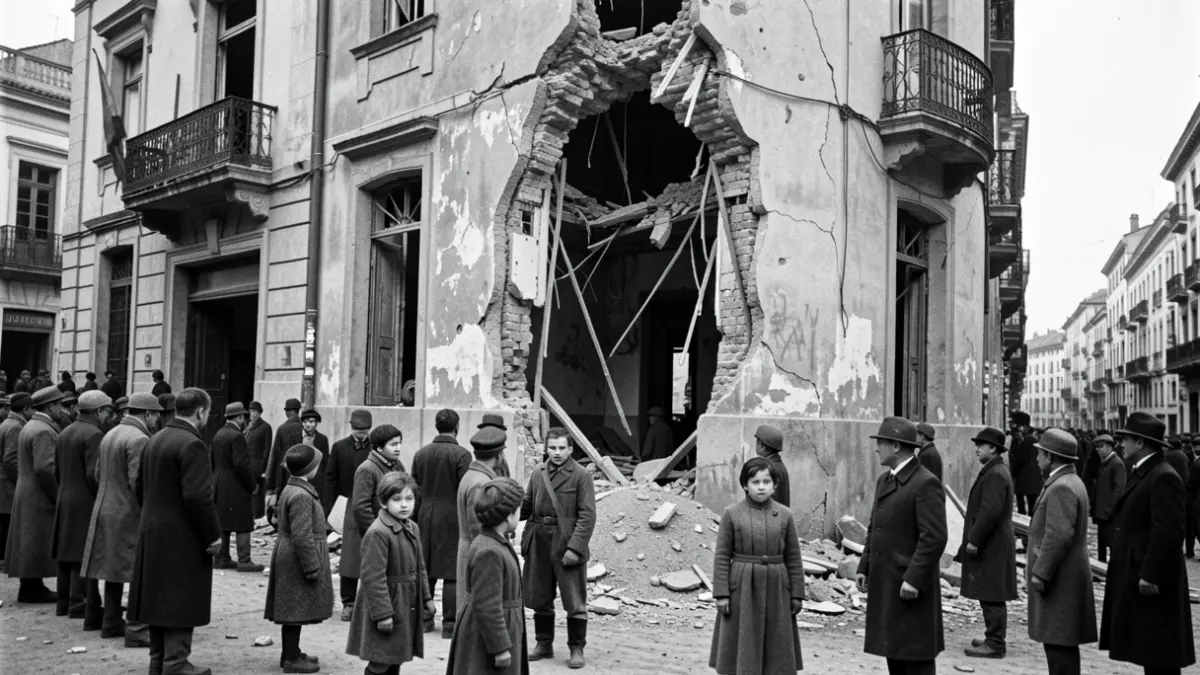 Edificio histórico dañado por bombardeos en Madrid, con niños posando frente a él como símbolo de la Guerra Civil.