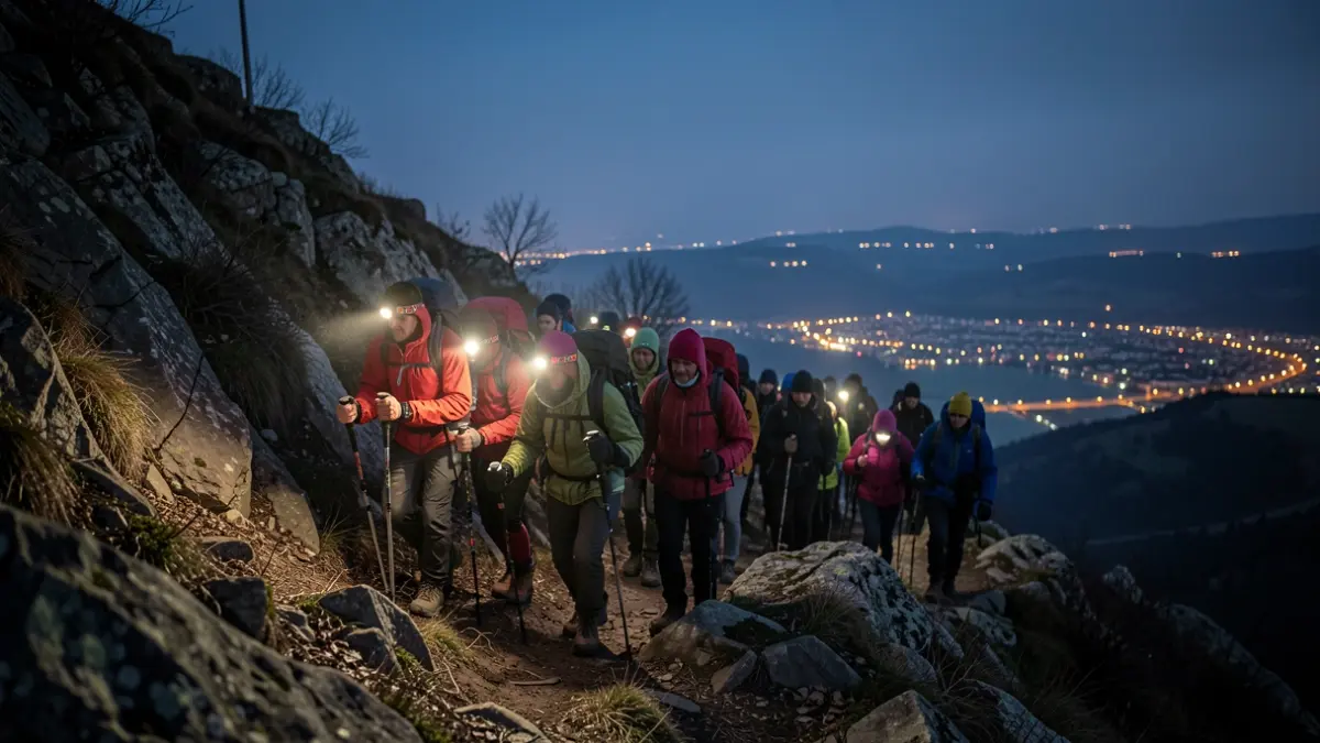 Imagen genérica de un grupo de excursionistas ascendiendo un sendero oscuro con luces frontales.