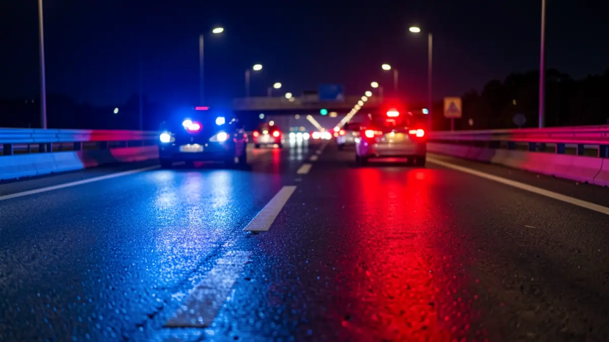 Generic image of police emergency lights reflecting on wet asphalt of the M-30 in Madrid at night.
