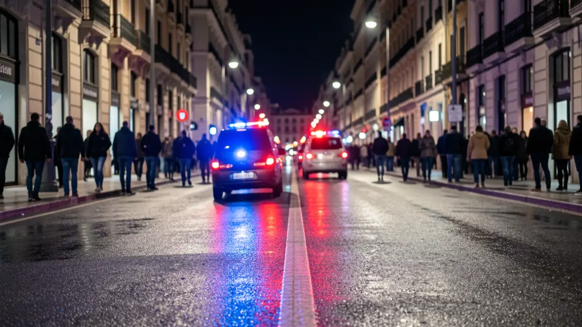 Imagen genérica de luces de emergencia policiales reflejándose en el asfalto mojado por la noche.