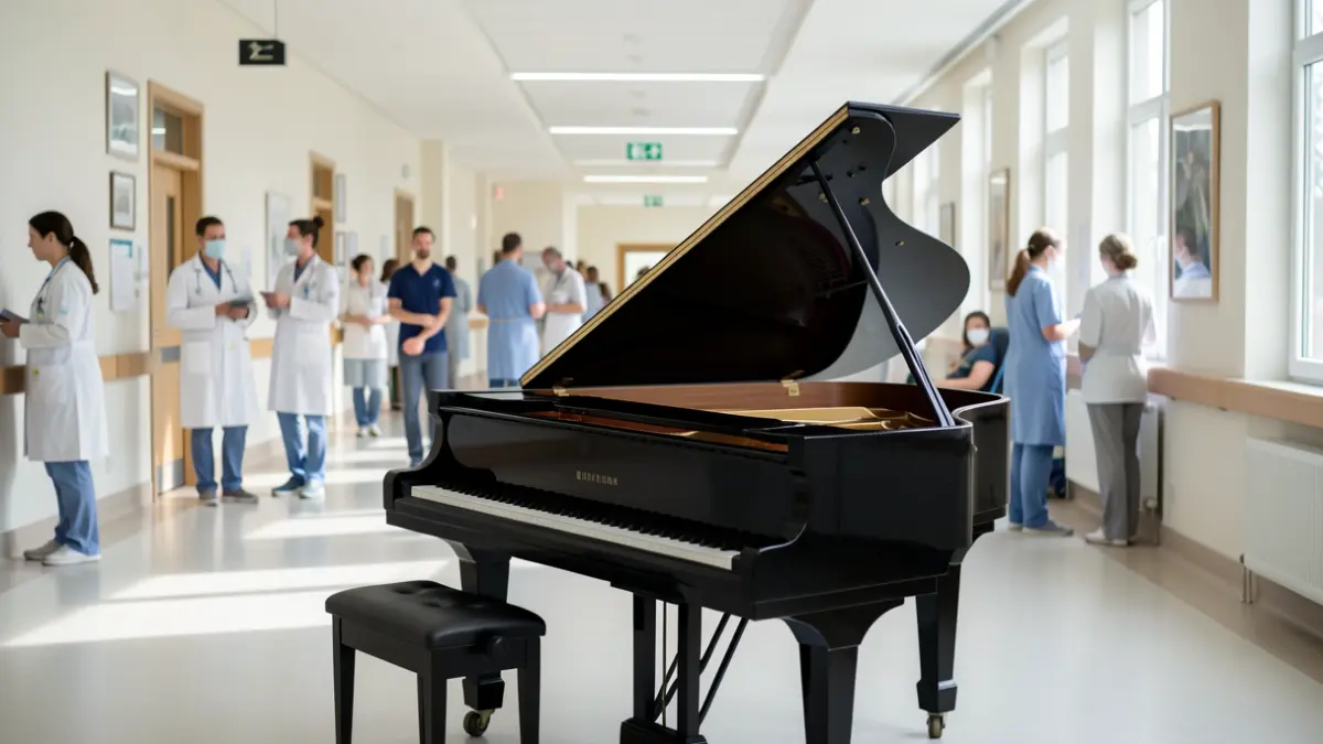 Piano en un pasillo de hospital, con luz natural y figuras borrosas de personal y pacientes.