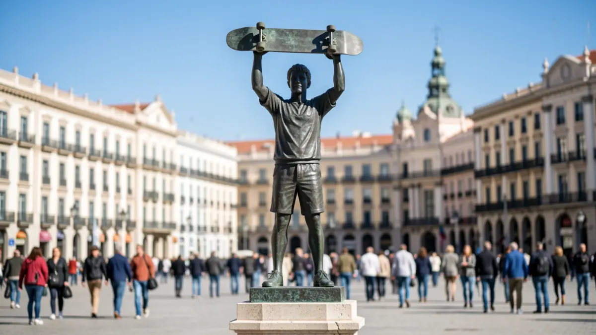 Generic statue of a hero with a skateboard in a Madrid square.