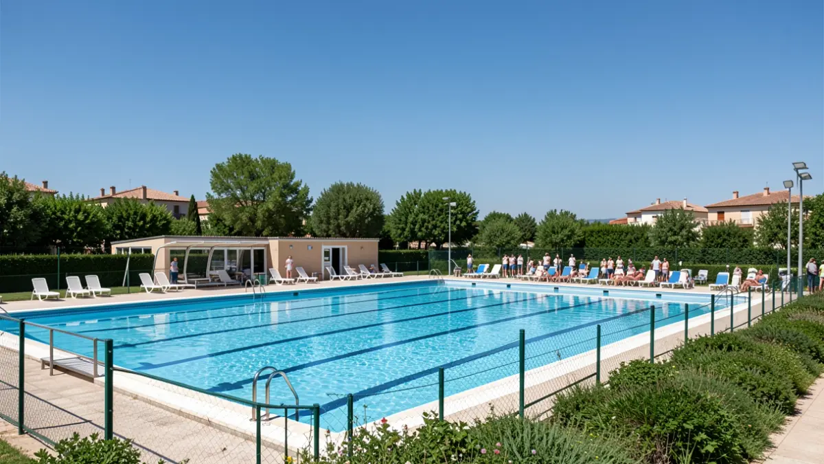 Generic image of an outdoor municipal swimming pool on a sunny day.