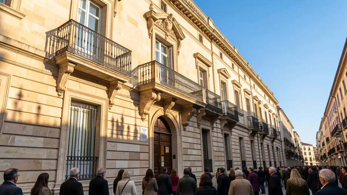 Facade of a town hall in the Community of Madrid with a balcony and iron railings, afternoon sunlight.