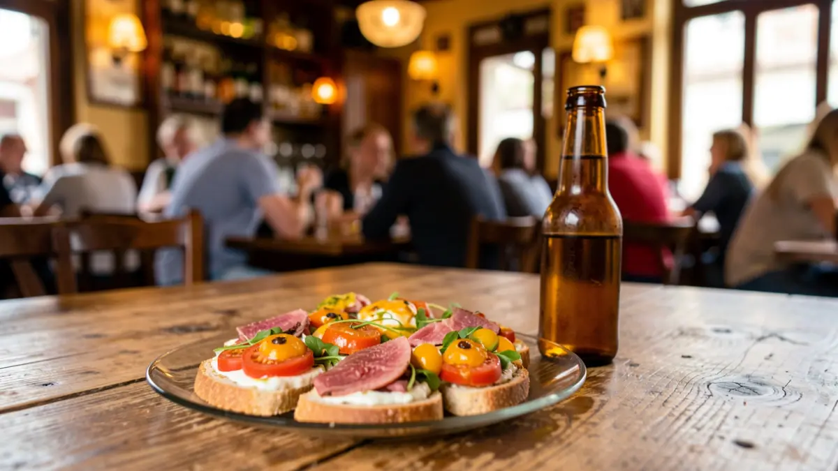 Plato de tapa y botellín de cerveza en una mesa de bar.