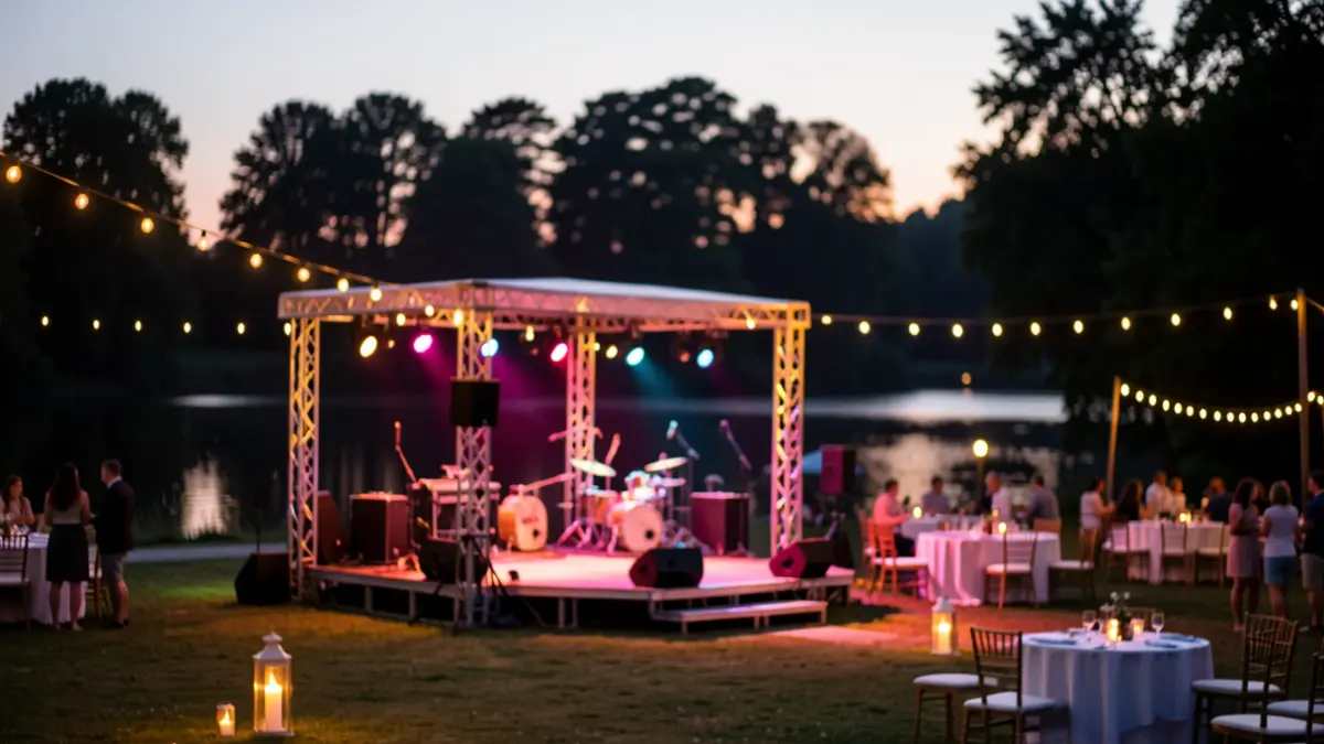 Escena genérica de un escenario al aire libre junto a un lago al atardecer, con luces tenues y árboles borrosos.