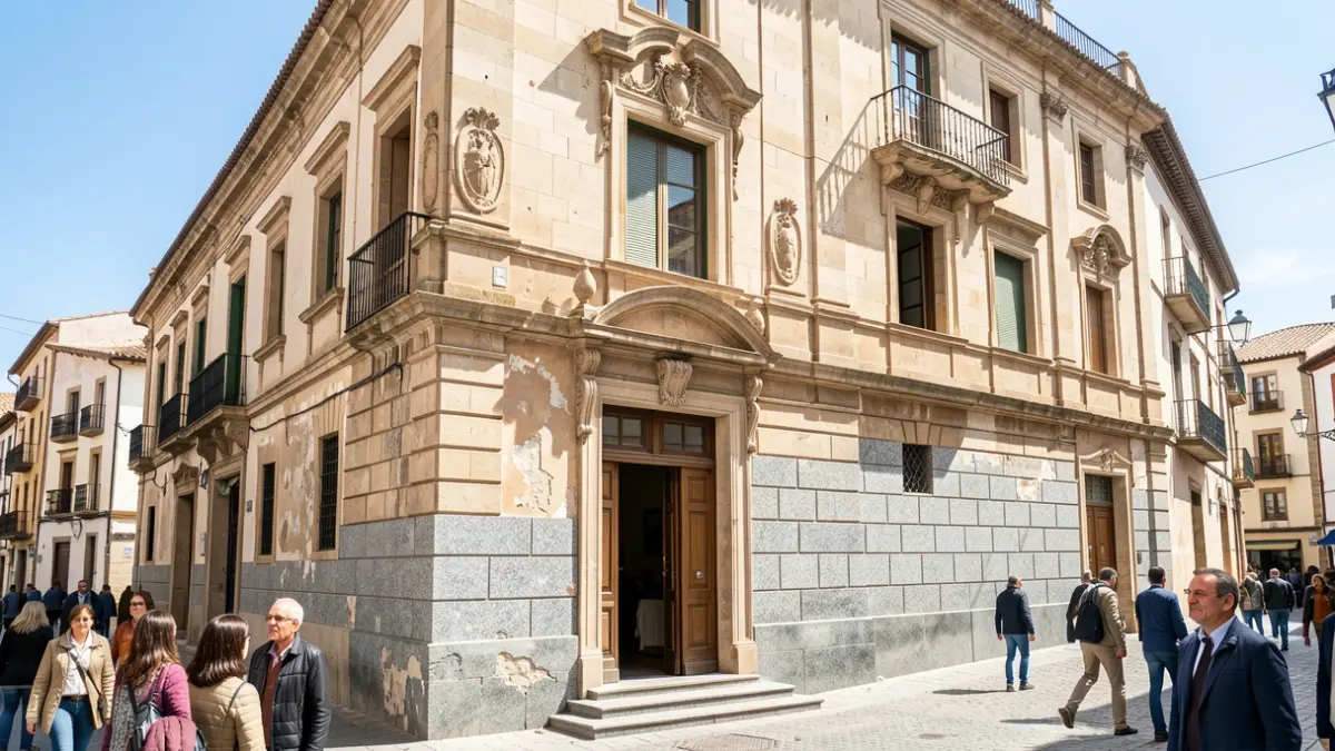 Facade of the Pinto Town Hall undergoing renovation of its base with granite stone.