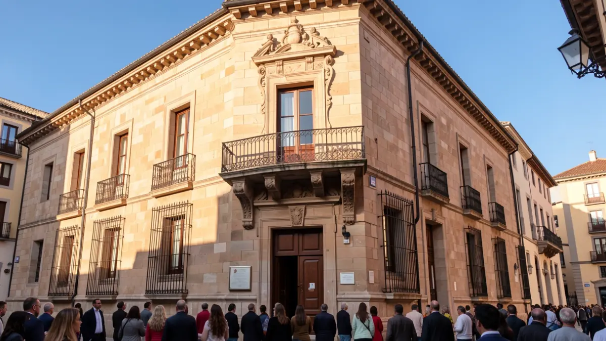 Fachada del Ayuntamiento de Alcalá de Henares con balcón y barandillas de hierro, luz cálida de la tarde.