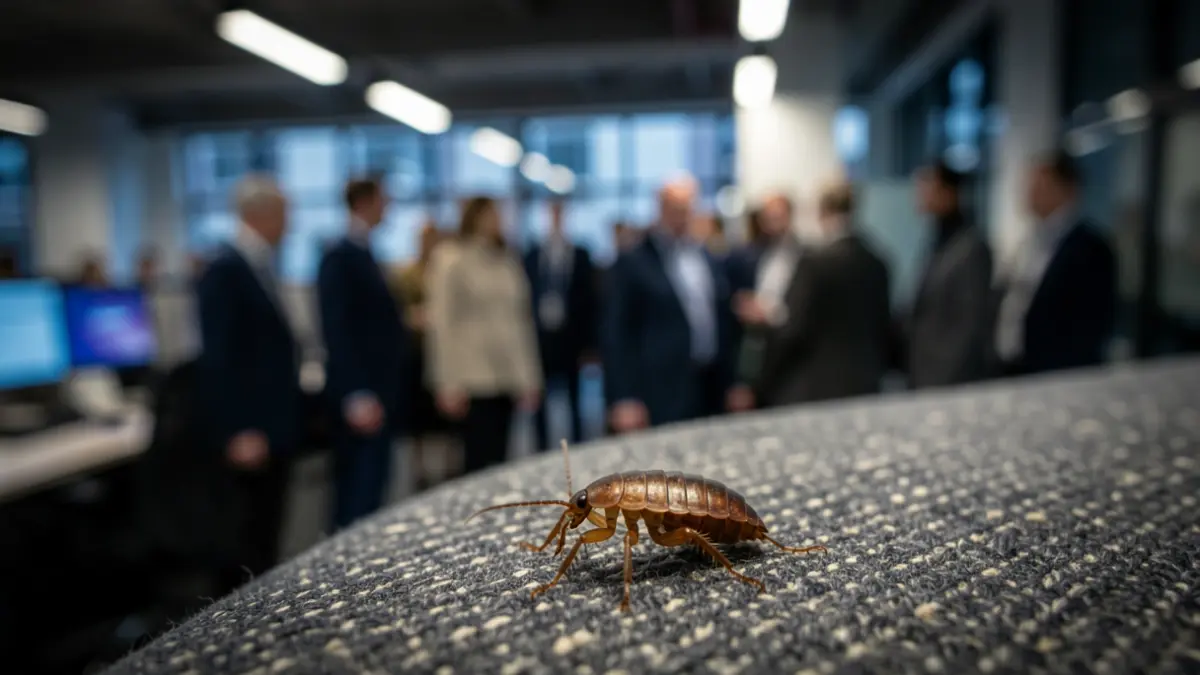 Close-up of a bed bug on a textured surface, with a blurred background suggesting a dimly lit office environment.