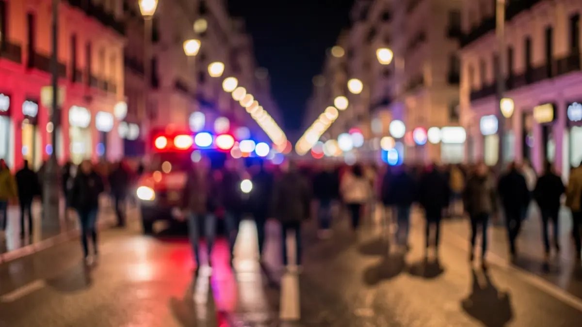 Generic image of Madrid's Gran Vía with emergency lights and wet pavement.