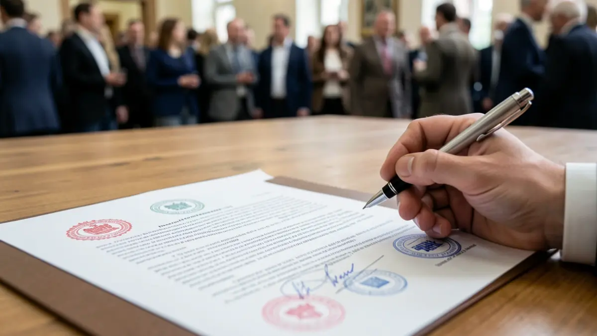 Close-up of a legal document with official stamps and a hand holding a pen.