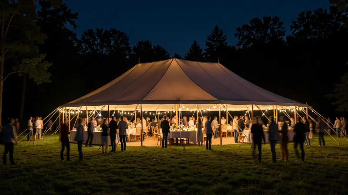 Imagen genérica de una carpa de eventos instalada en un espacio natural durante la noche.