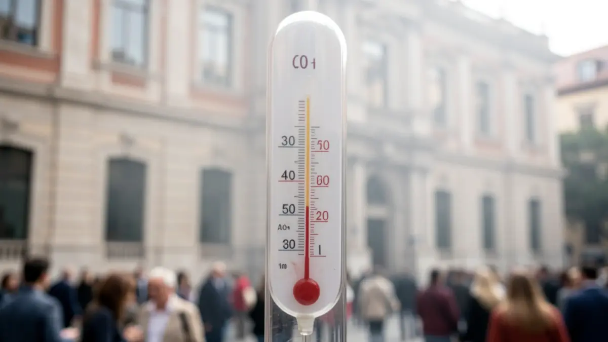 Termómetro mostrando alta temperatura frente a fachada de colegio en Madrid.