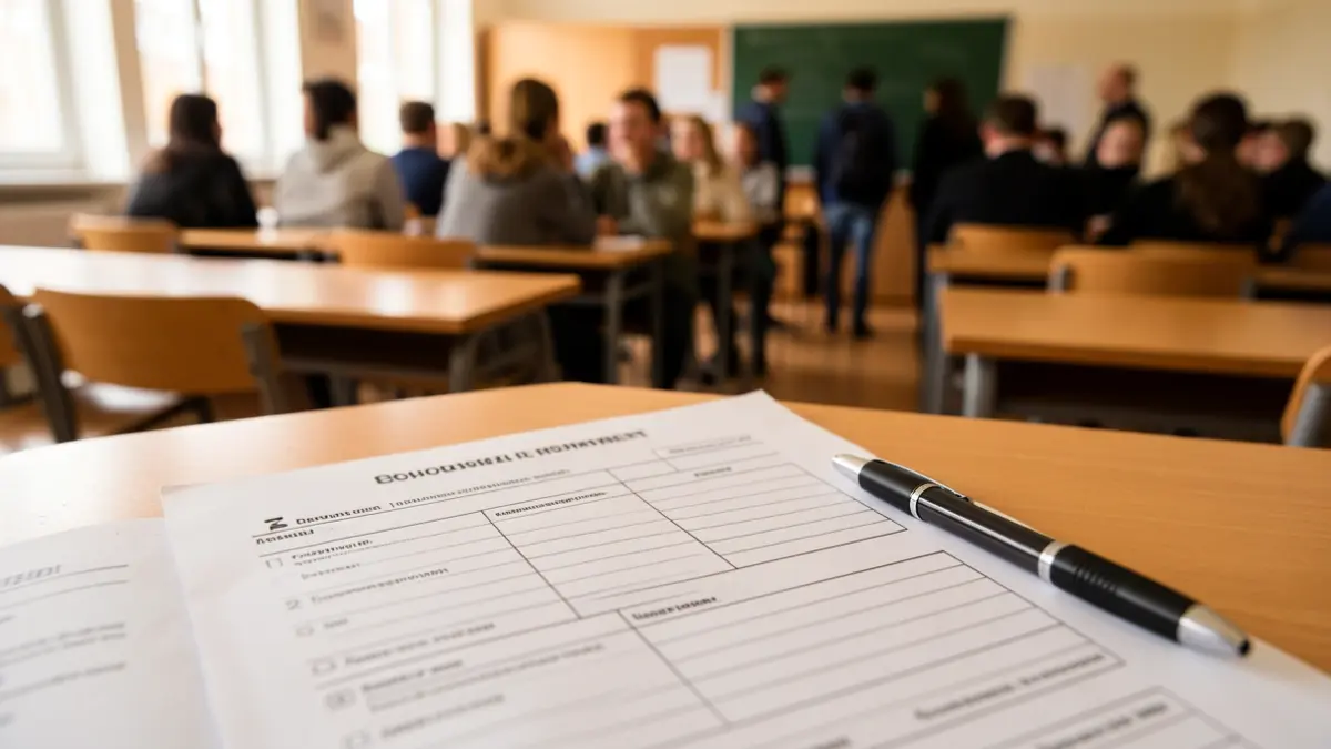 Close-up of a school enrollment form with a pen, blurred background of a classroom with empty desks.