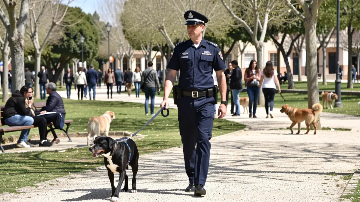 Image of a Coslada Local Police officer supervising a leashed dog in a park.
