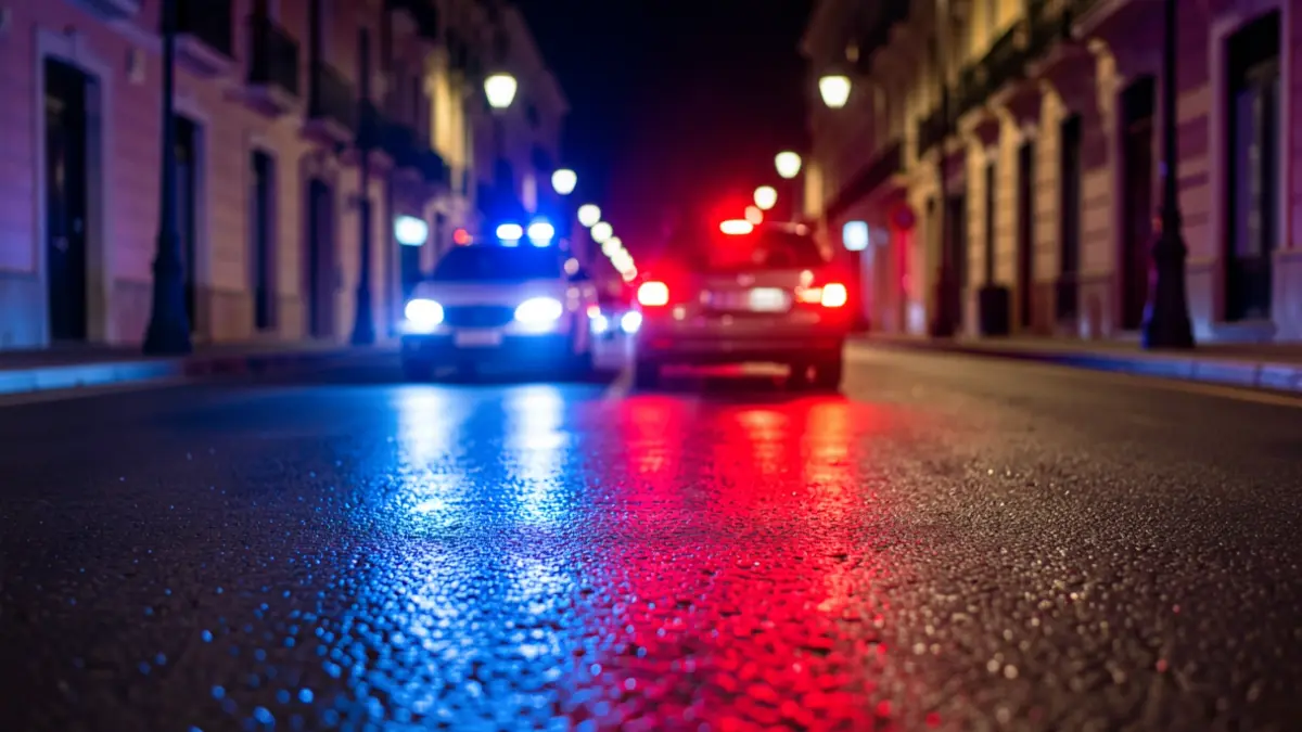 Imagen genérica de luces de emergencia policiales reflejando en asfalto mojado.