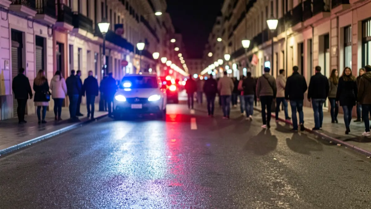 Imagen genérica de luces de emergencia policiales reflejándose en el asfalto mojado por la noche.
