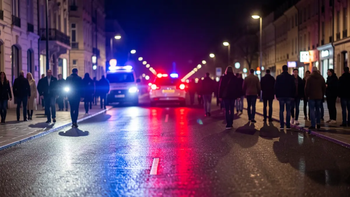 Imagen genérica de luces de emergencia policiales reflejándose en el asfalto mojado por la noche.