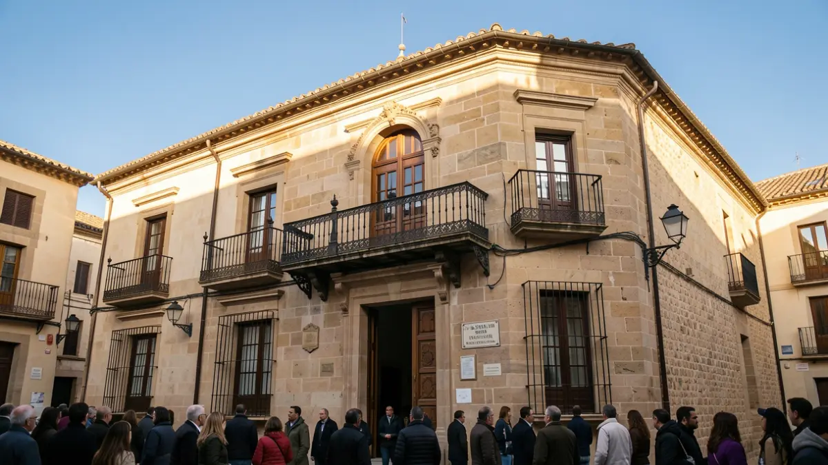 Fachada de un ayuntamiento tradicional español con balcón ornamentado y barandillas de hierro, luz cálida de la tarde proyectando sombras sobre las paredes de arenisca, cielo azul.