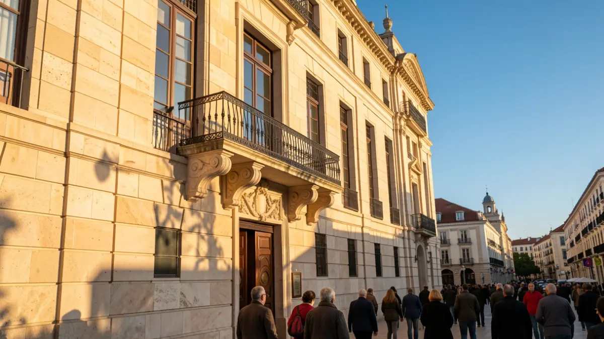 Facade of a town hall in the Community of Madrid with a balcony and iron railings, afternoon sunlight.