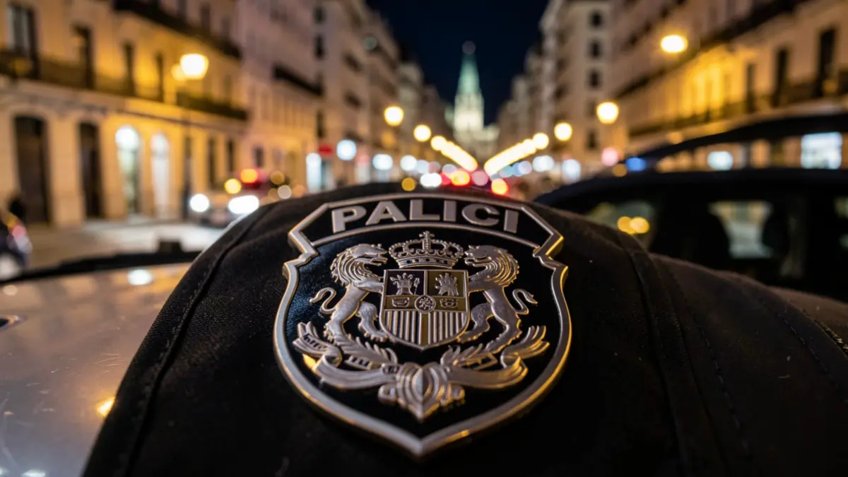 Madrid Municipal Police badge reflecting city lights.