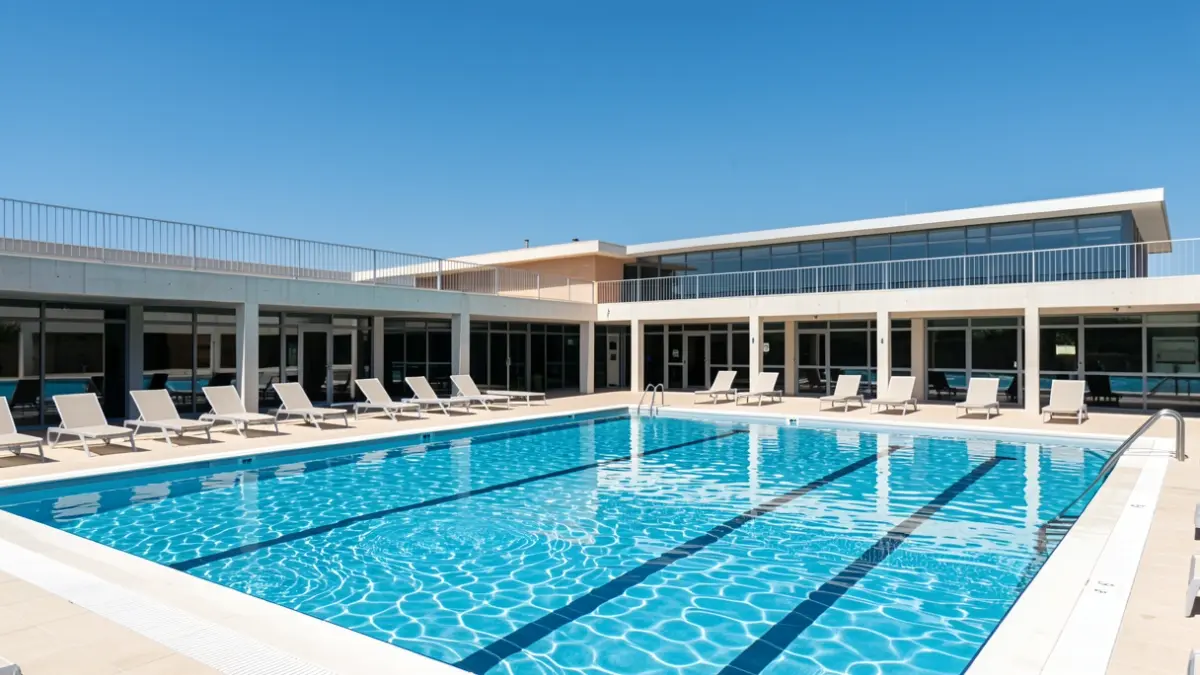 Image of the Algete municipal swimming pool with clear water and sun loungers.