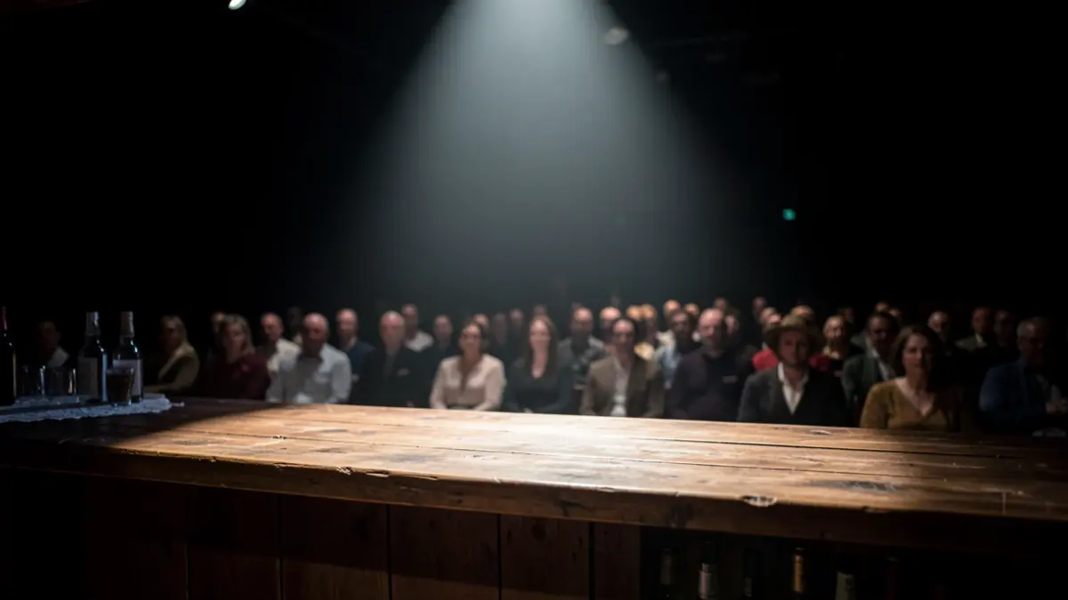 Scene of a theater stage with a bar and blurred audience.