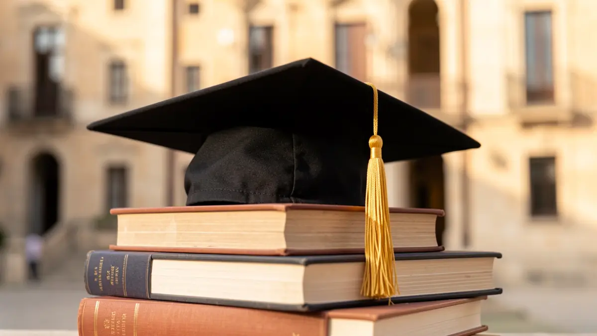 Gorra de graduación sobre libros académicos con fachada de edificio universitario al fondo.