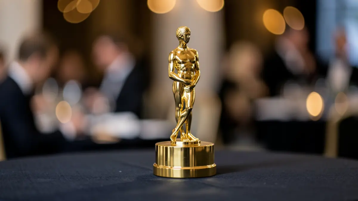 Close-up of a golden award statuette on a dark surface, with blurred bokeh lights from a formal event in the background.
