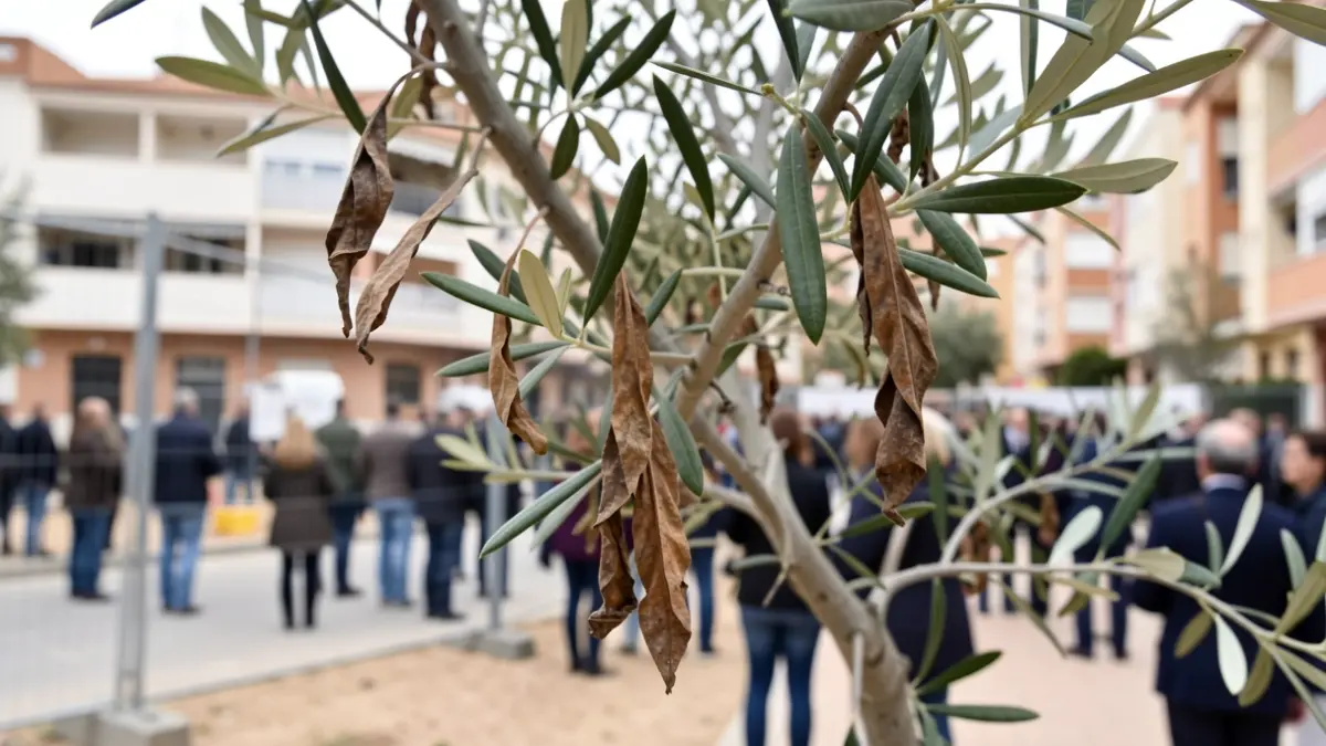 Image of a transplanted olive tree in Móstoles showing dry leaves and signs of stress.