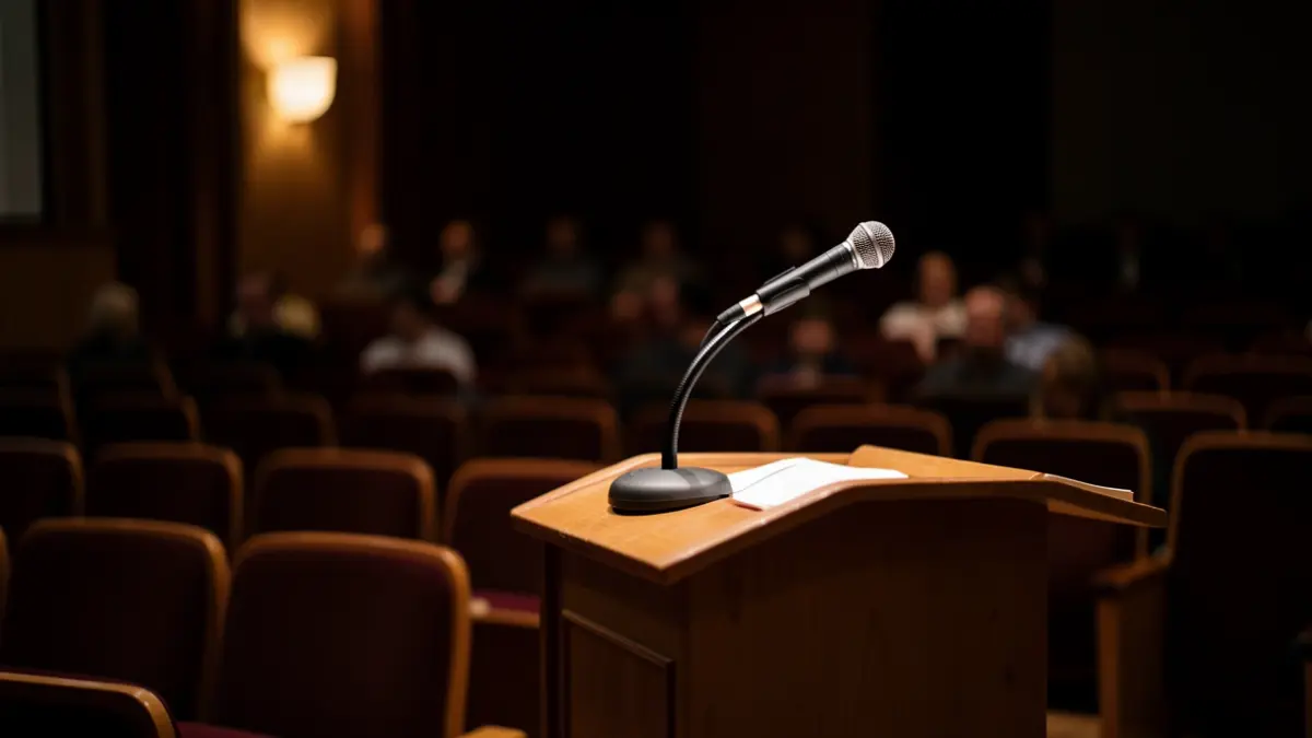 Generic image of a microphone on a podium in an empty auditorium.