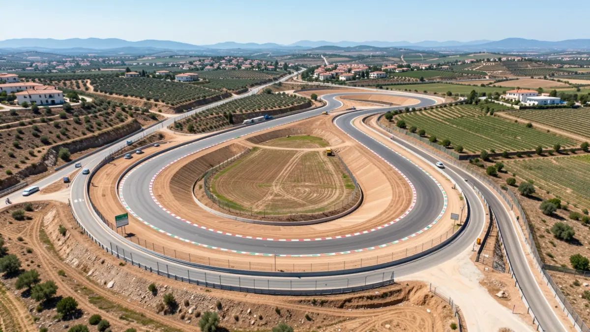 Aerial view of the MADRING circuit under construction, featuring urban sections and a banked curve.