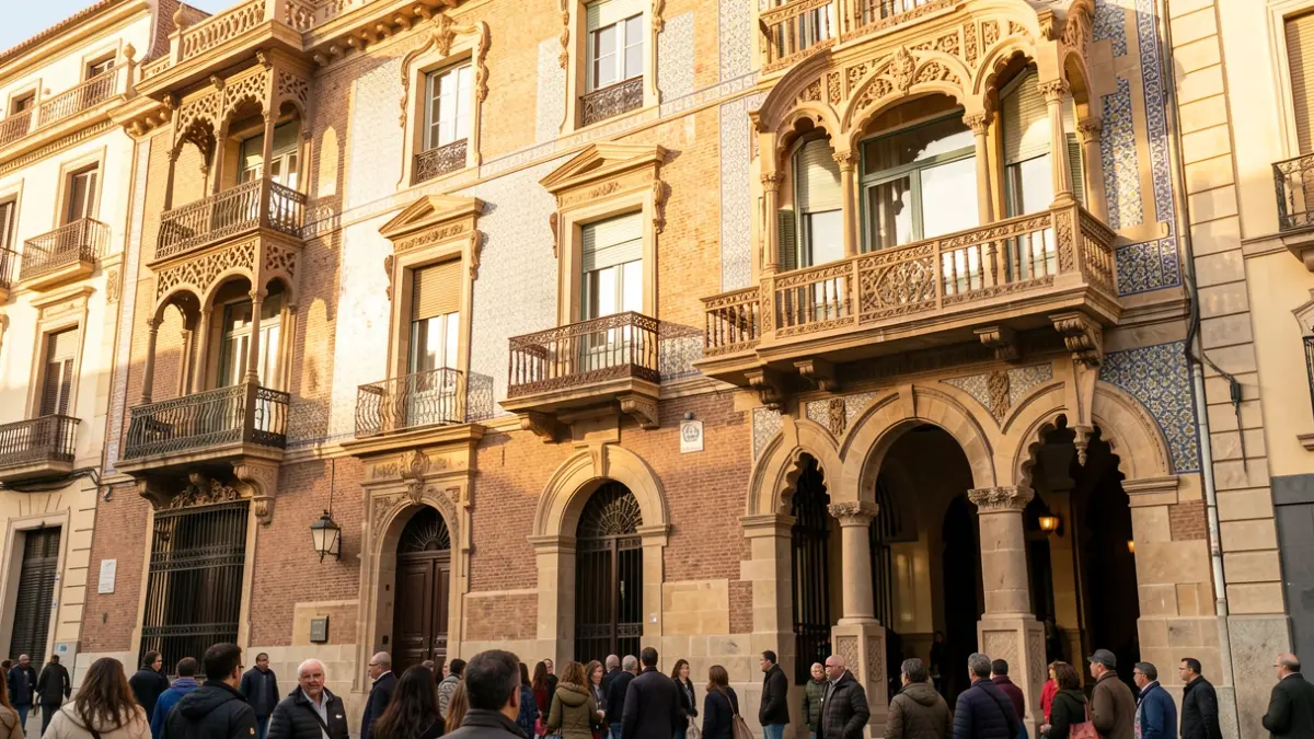 Facade of a historic building in Madrid with neoplateresque and neomudejar architectural styles, ornate balconies, and tiled details.